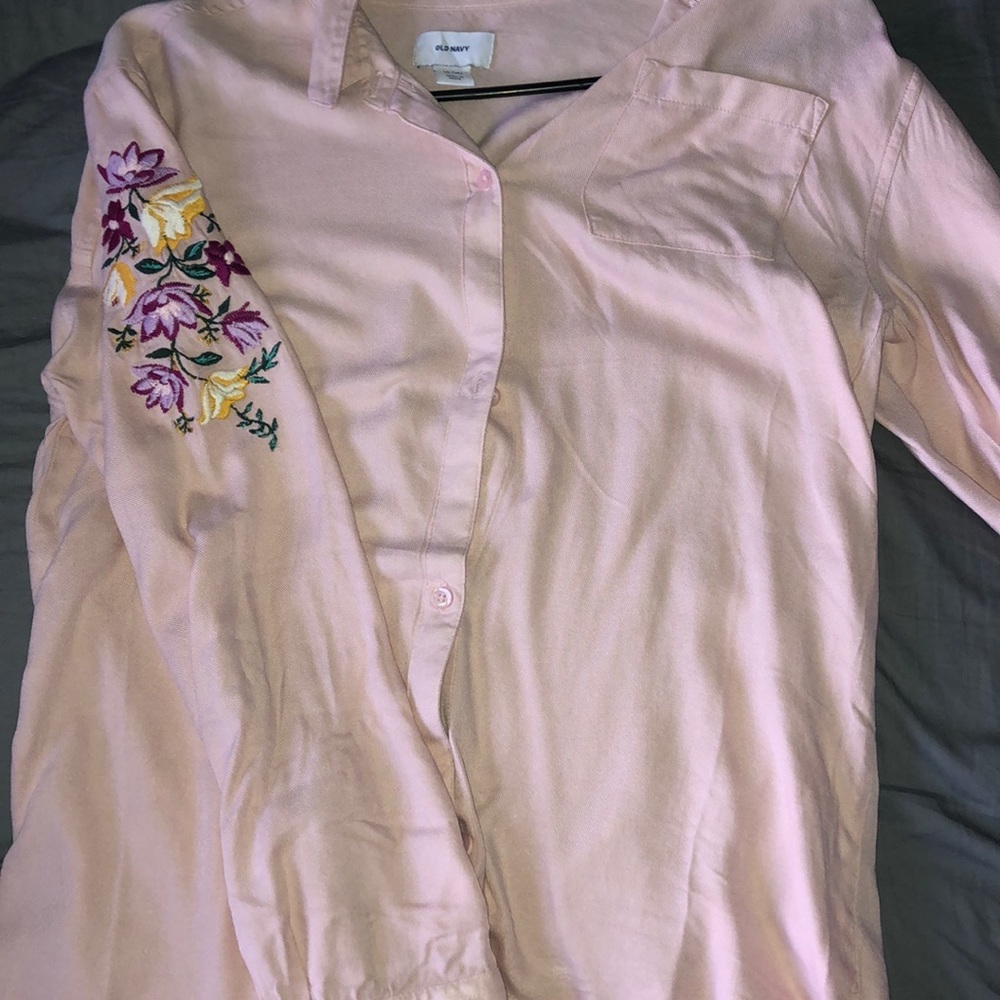 Light pink button up with floral sleeves